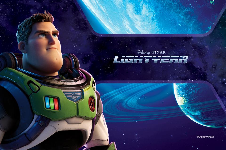 Poster for the movie Lightyear featuring Buzz Lightyear and 2 planets.