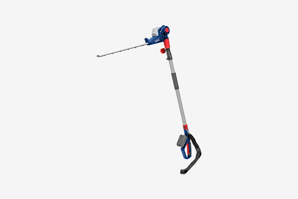 A Spear and Jackson cordless pole hedge trimmer in blue and red.