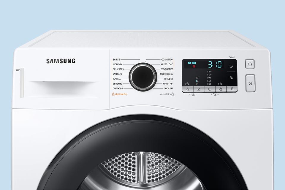 Close up of the front of a samsung washing machine.