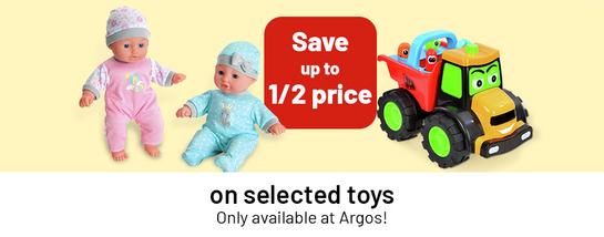 Save up to 1/2 price on selected toys. Only available at Argos!