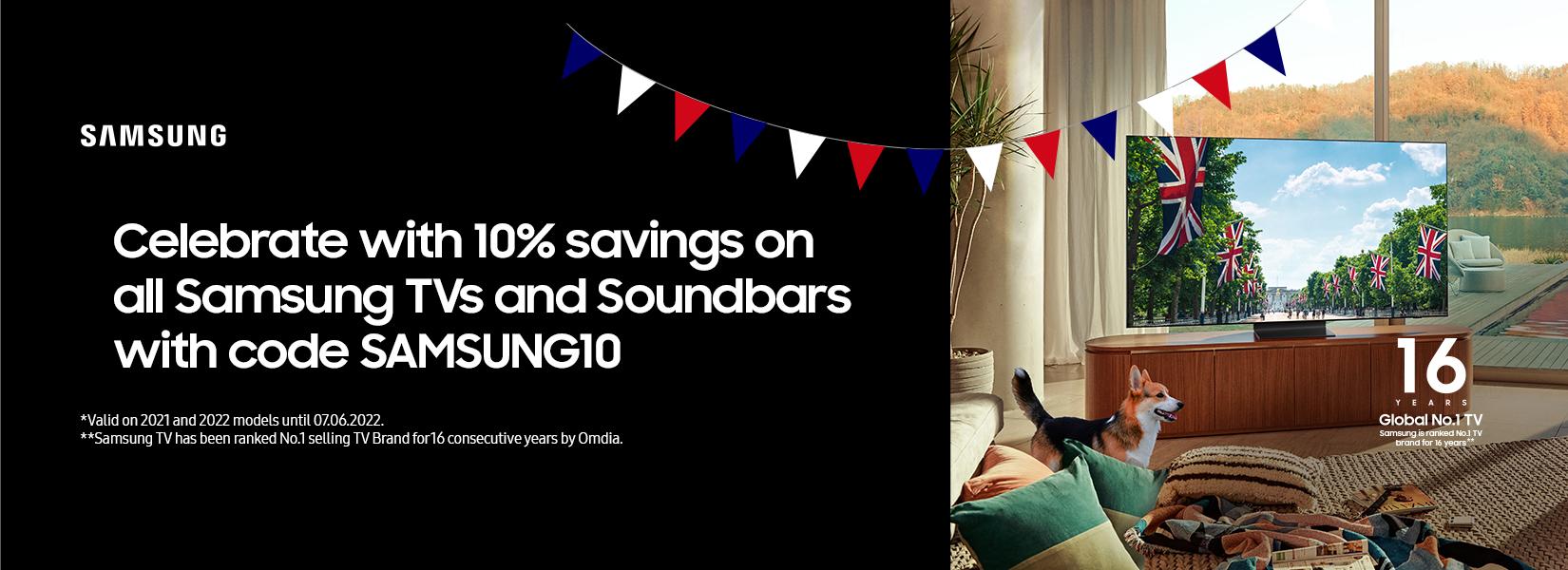 Samsung. Celebrate with 10% savings on all Samsung TVs and soundbars with code SAMSUNG10.