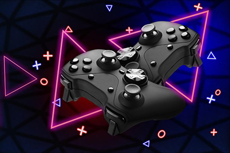 Two console controllers on a dark background with neon shapes behind it.