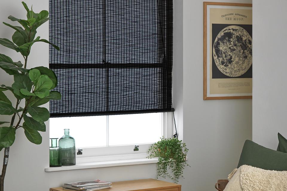 A nature-themed bedroom with indoor plants and a black blind.