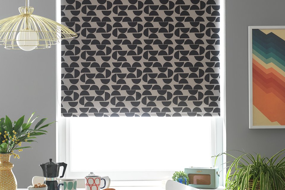 Geo printed black and white blackout blind.