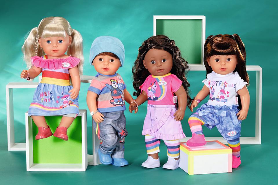 A set of 4 BABY born brother and sisters dolls in colourful outfits.