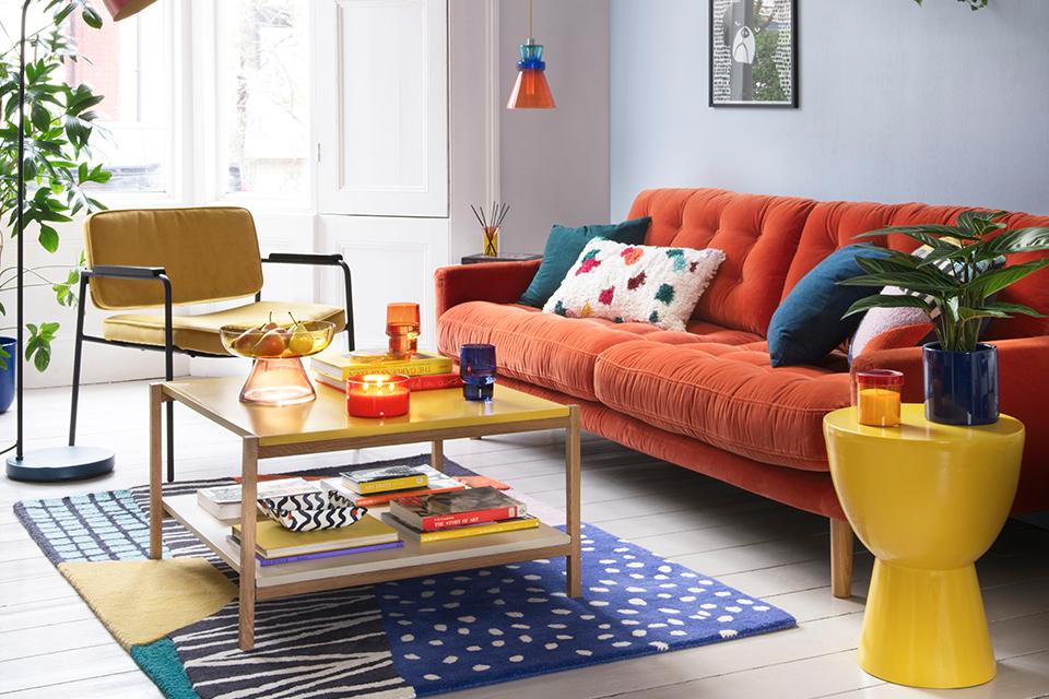 A lounge designed in optimist style with vibrant block colours.