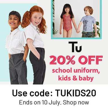 20% off school uniform, kids & baby. Use code: TUKIDS20. Ends on 10 July. Shop now.