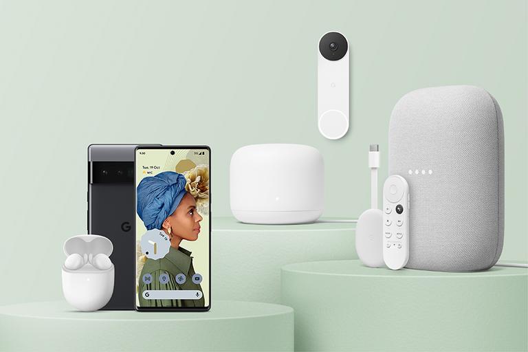 A set of Google smart devices including 2 Pixel phones, Pixel buds, a Wi-Fi router, a video doorbell, a smart speaker and a Chromecast with a voice remote.