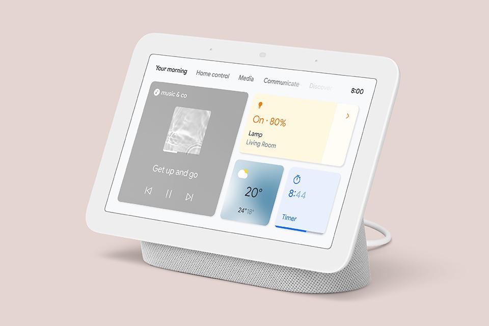 A Google Nest Hub smart speaker with screen.