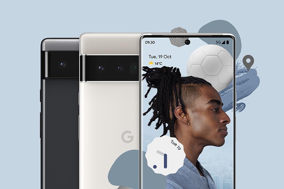 Three Google Pixel 6 phones with a wallpaper of man, a football and a clock icon.
