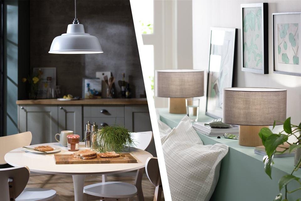 A split image of a scandi inspired dining area with white dining table, chairs and ceiling light on one side and 2 lamps on the other. 