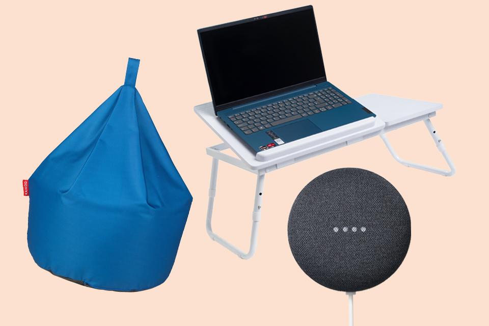 Argos Home Fabric Bean Bag - Ink Blue + Argos Home Portable Laptop Tray - White + Google Nest Mini Smart Speaker - Charcoal.