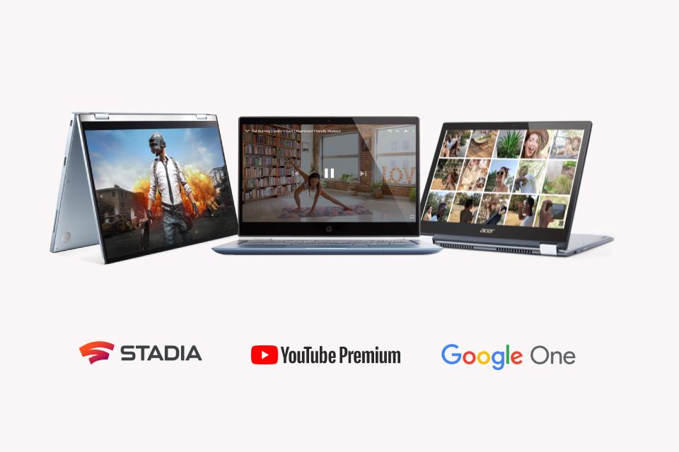 3 Chromebooks featuring Stadia Pro, YouTube Premium and Google One.