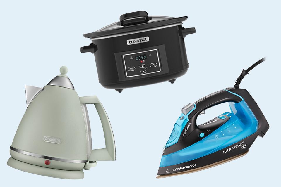 A black slow cooker, green kettle and blue iron.