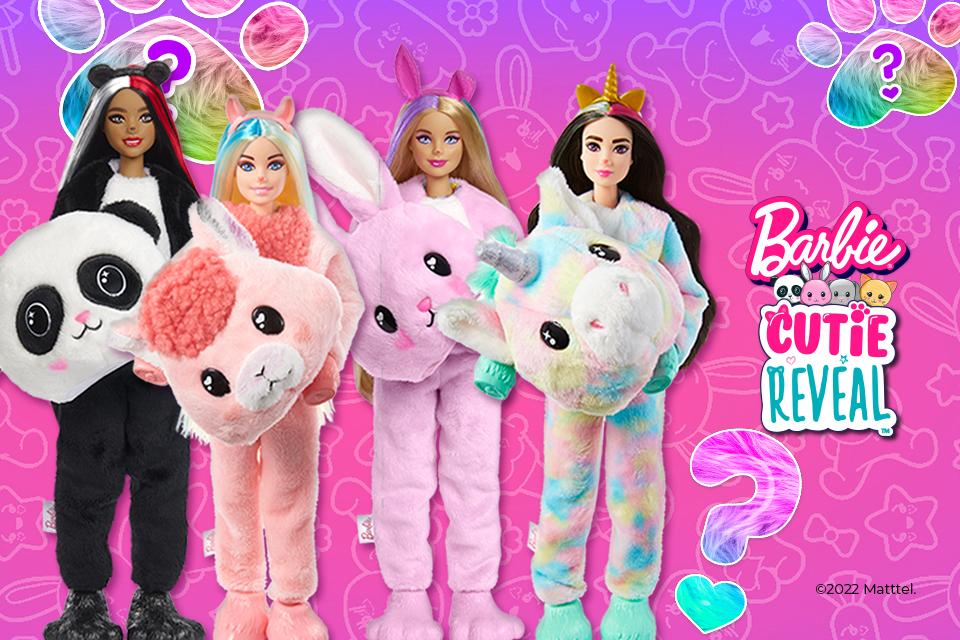 Barbie Cutie Reveal dolls with bunny, panda and unicorn plush costumes.