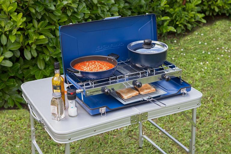 A camping double burner gas stove.