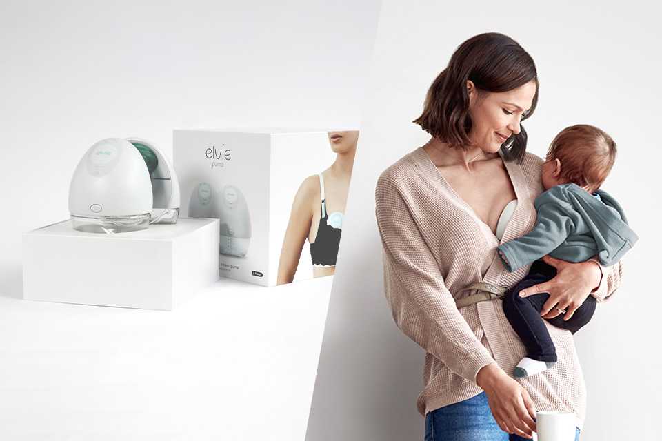  A split image of a woman carrying a baby on one side and a close up of Elvie double electric breast pump.