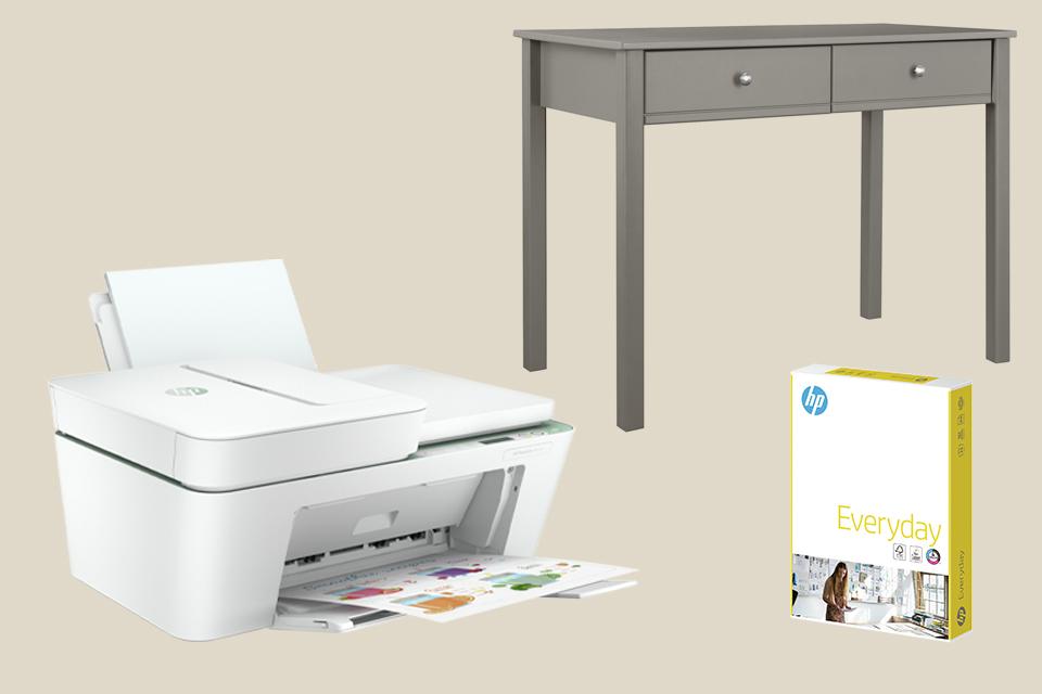 HP Plus DeskJet 4122e Inkjet Printer & 6 Months Instant Ink +  HP Everyday A4 Printer Paper - 500 Sheets + Habitat Kids Brooklyn 2 Drawers Desk - Grey.
