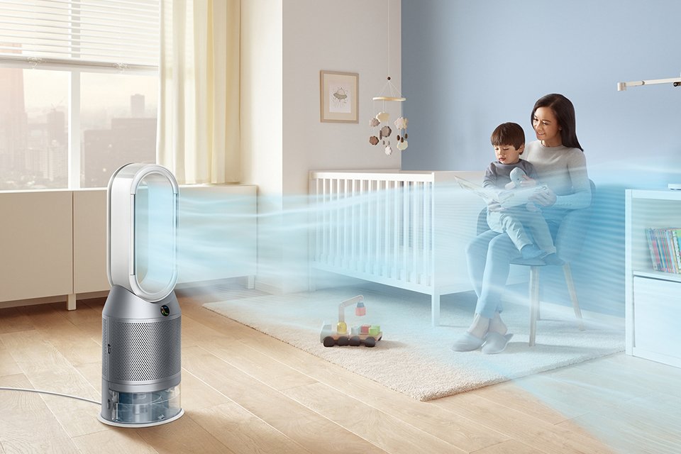A Dyson PH3A Fan and Air Humidifier placed in a nursery. 