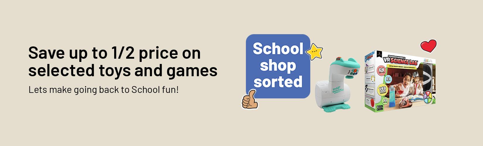 Save up to 1/2 price on selected toys and games. Lets make going back to school fun!