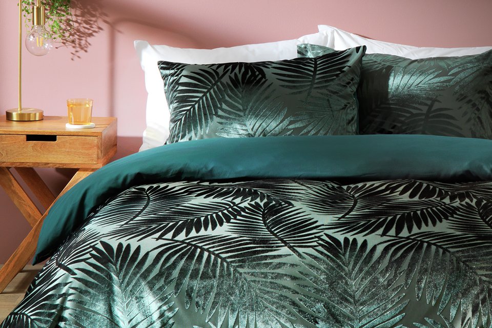 Habitat feather velvet green bedding set.