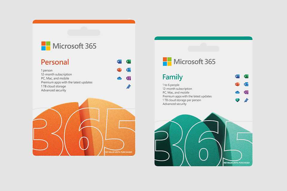 Product images of Microsoft 365 family and personal software.