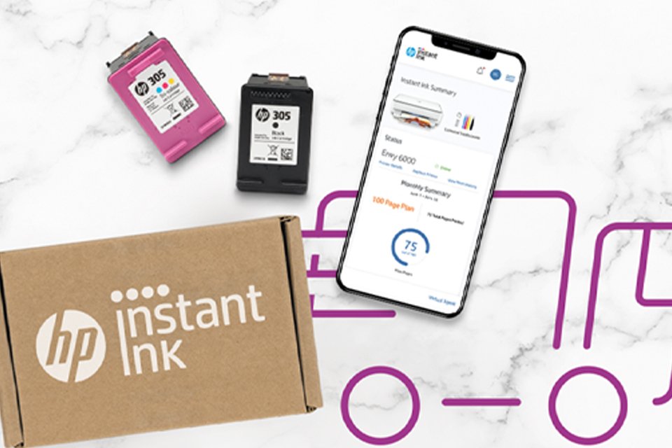 An HP instant ink delivery set next to a phone displaying statistics.