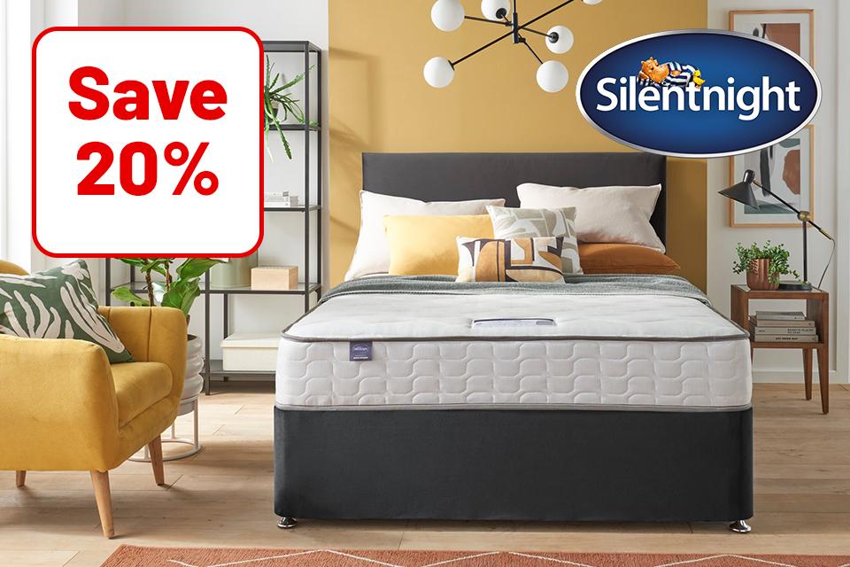 Save 20%. Silentnight beds and mattresses. When you spend £250 or more. Use code SILENT20.