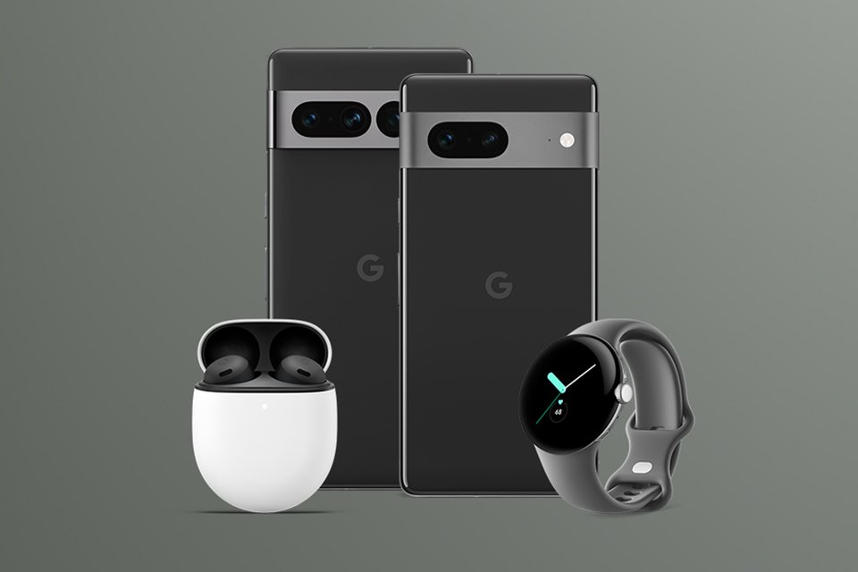 A Google Pixel watch and Pixel Buds Pro wireless earbuds placed next to Google Pixel 7 and Pixel 7 Pro phones.