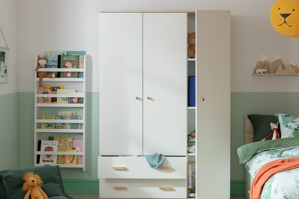 Habitat Melby 3 Door 2 Drawer Wardrobe in white colour.