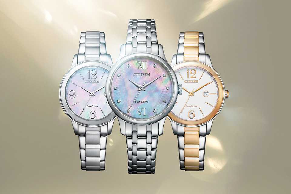 Three Citizen Eco-Drive stainless steel ladies' bracelet watches featuring mother of pearl dial.