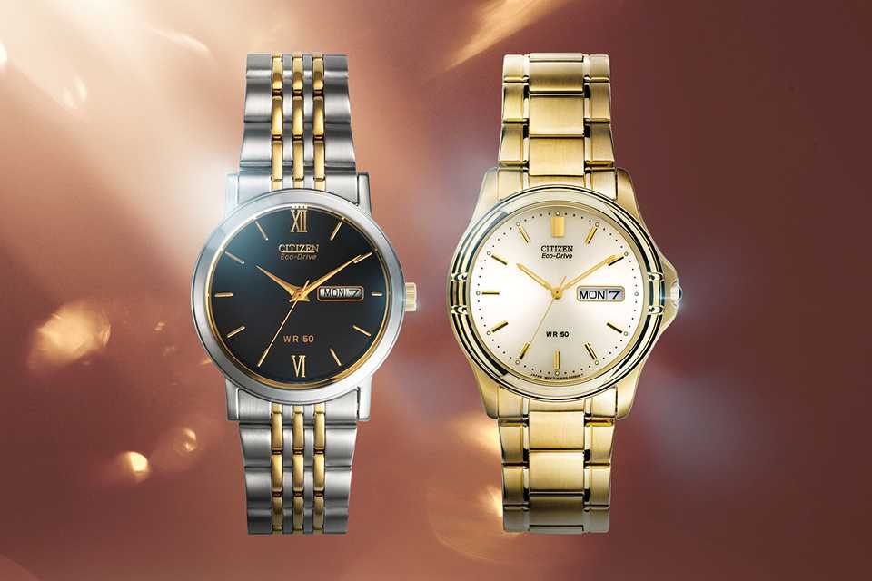 Two Citizen Eco-Drive Gents Dress Classic two tone watches with date and day display.