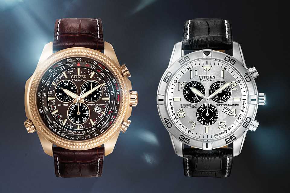 Two Citizen Eco-Drive men's perpetual calendar watches, with leather straps.
