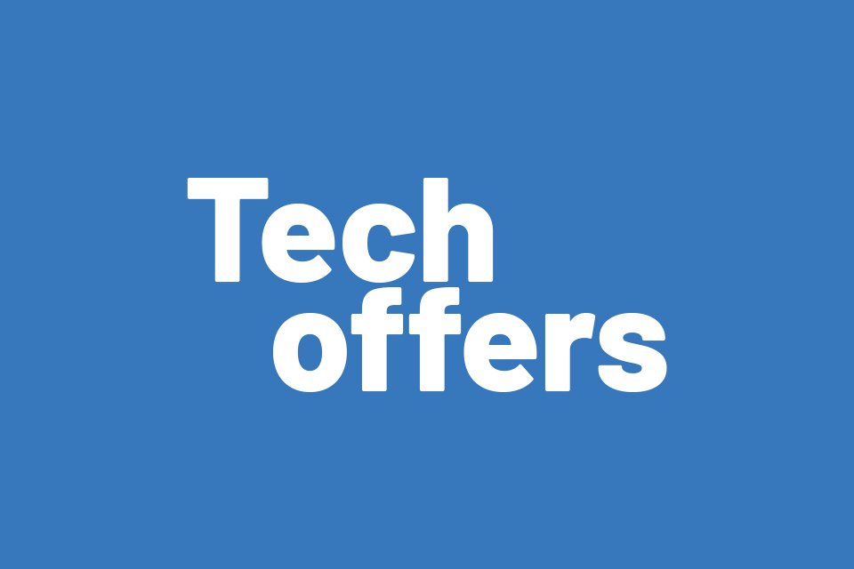 The words 'tech offers' on a blue background