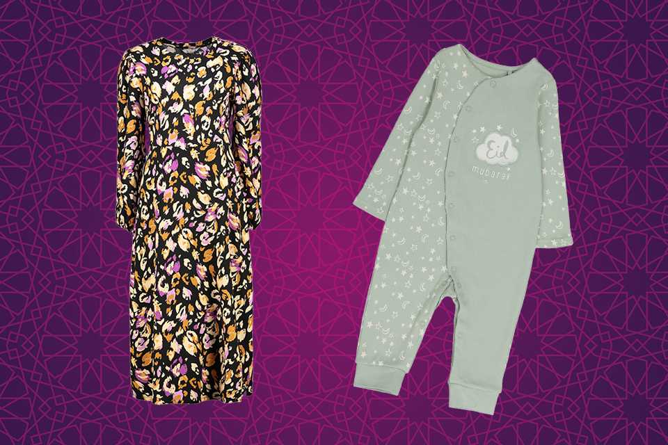 Green Eid Mubarak Sleepsuit - 3-6 months + Navy Leopard Crinkle Midi Dress.