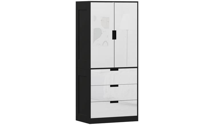 HOMCOM 2 Door Wardrobe with 3 Drawers and Hanging Rail - High Gloss White