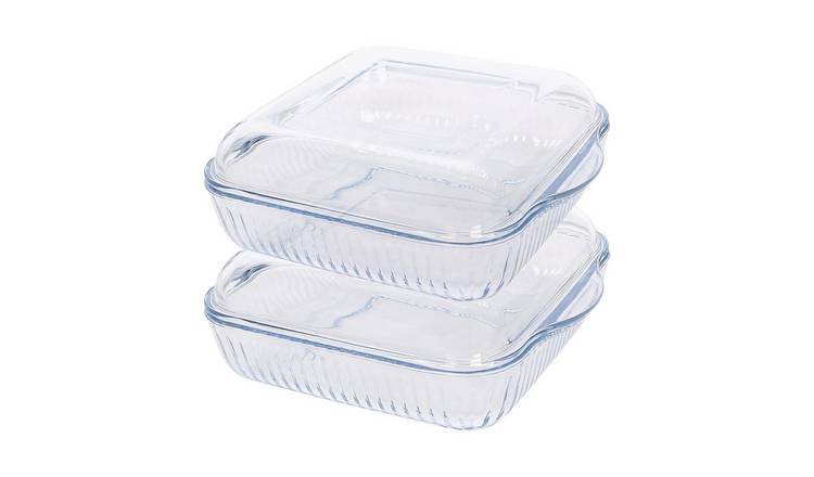 Argon Tableware Optical Square Glass Oven Dishes with Lid 24 x 21cm - Pack of 2