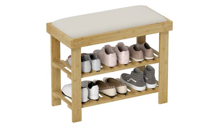 HOMCOM 3-Tier Bamboo Shoe Storage Bench with Seat Cushion - Cream