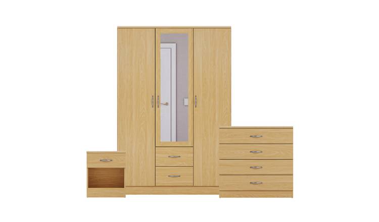 Vida Designs Riano Bedroom Set (Bedside, 4 Drawer Chest, Mirror Wardrobe) - Pine