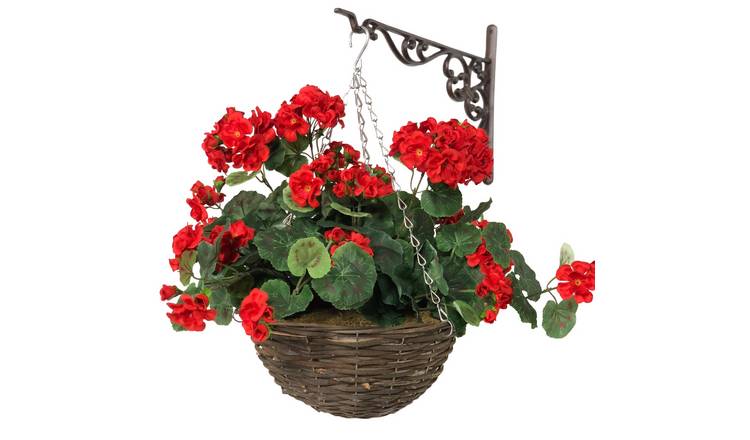 Primrose Large Artificial Geranium Flowers Rattan Hanging Basket Red 30cm