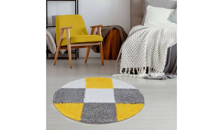 The Rugs Yellow Myshaggy Checkered Round Shaggy Rug - 120cm
