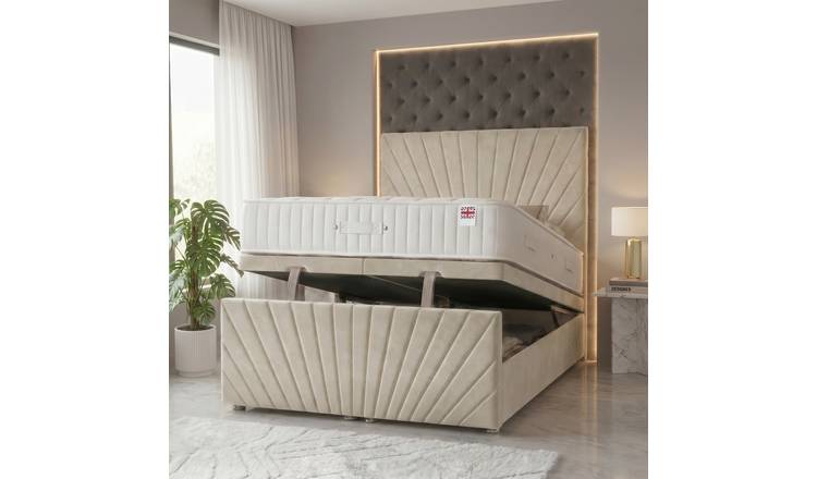 Somnior Velvet Small Double Ottoman Divan Bed with Memory Mattress - Ivory