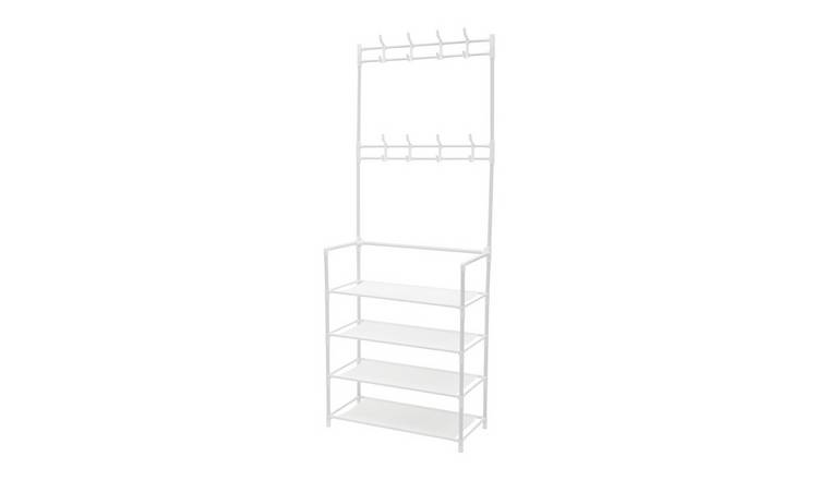 Living and Home 4 Tier Shoe Rack with Coat Hanger - White