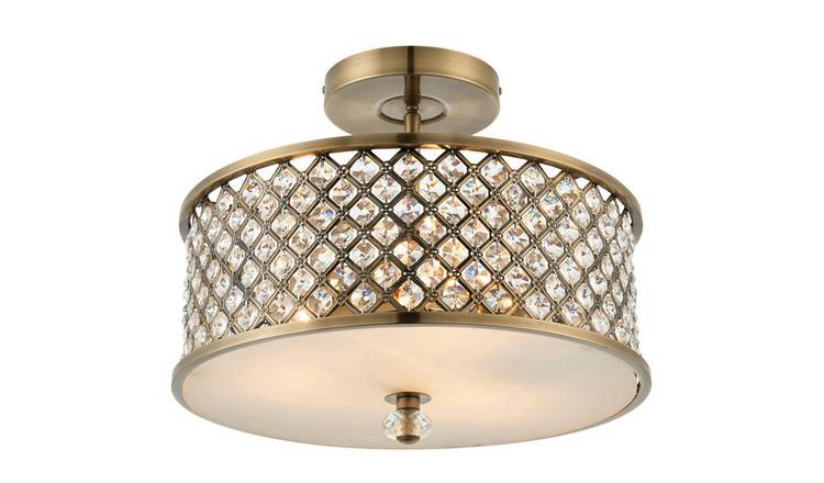 Loops Direct Steel and Crystal Flush Ceiling Light - Antique Brass