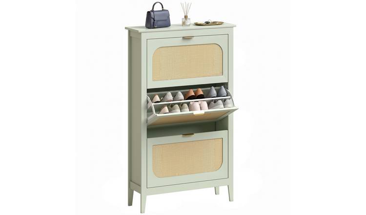 HOMCOM 3 Flip Drawers Boho Slim Shoe Storage Cabinet - Light Green