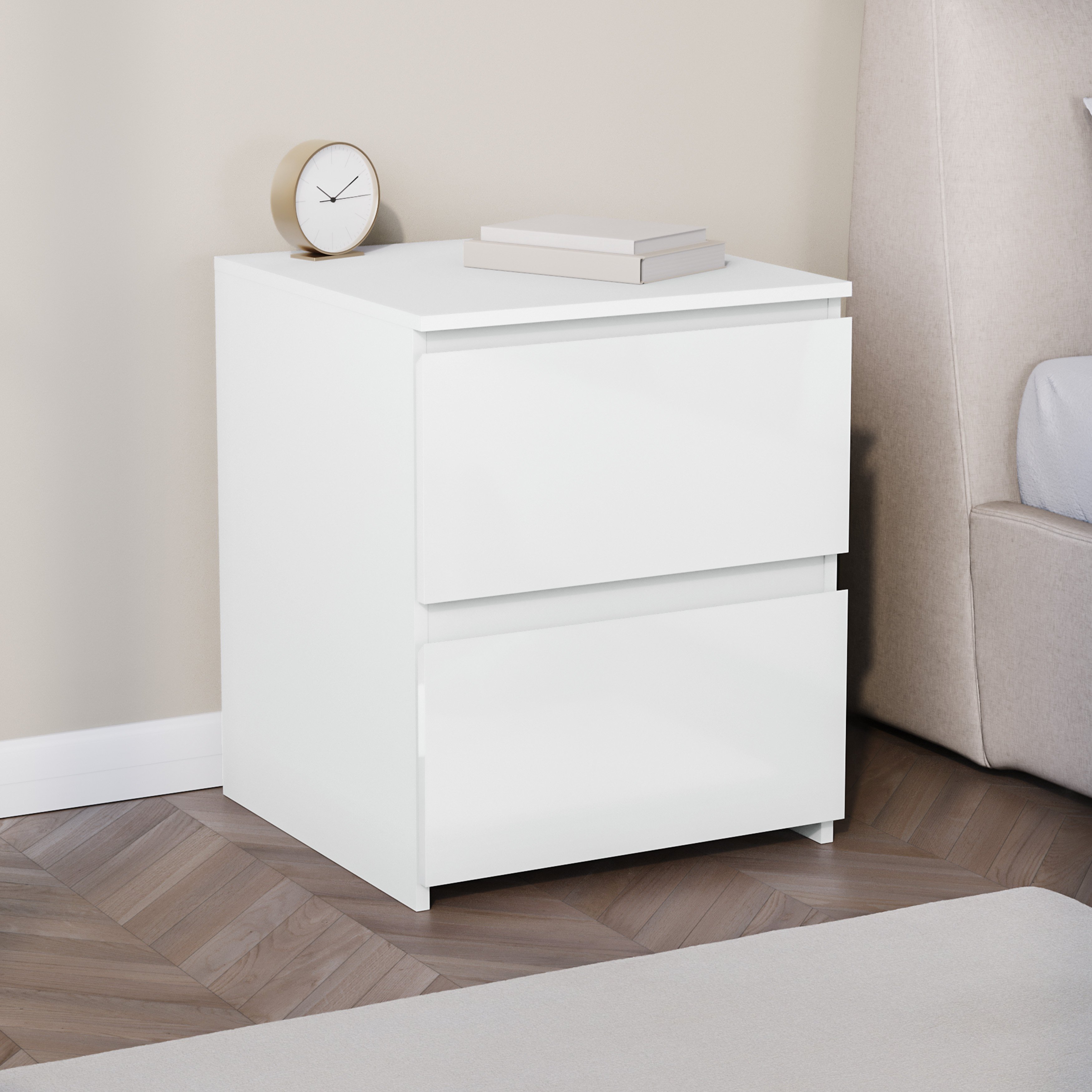 Vida Designs Glinton High Gloss 2 Drawer Bedside Chest - White - Image 1