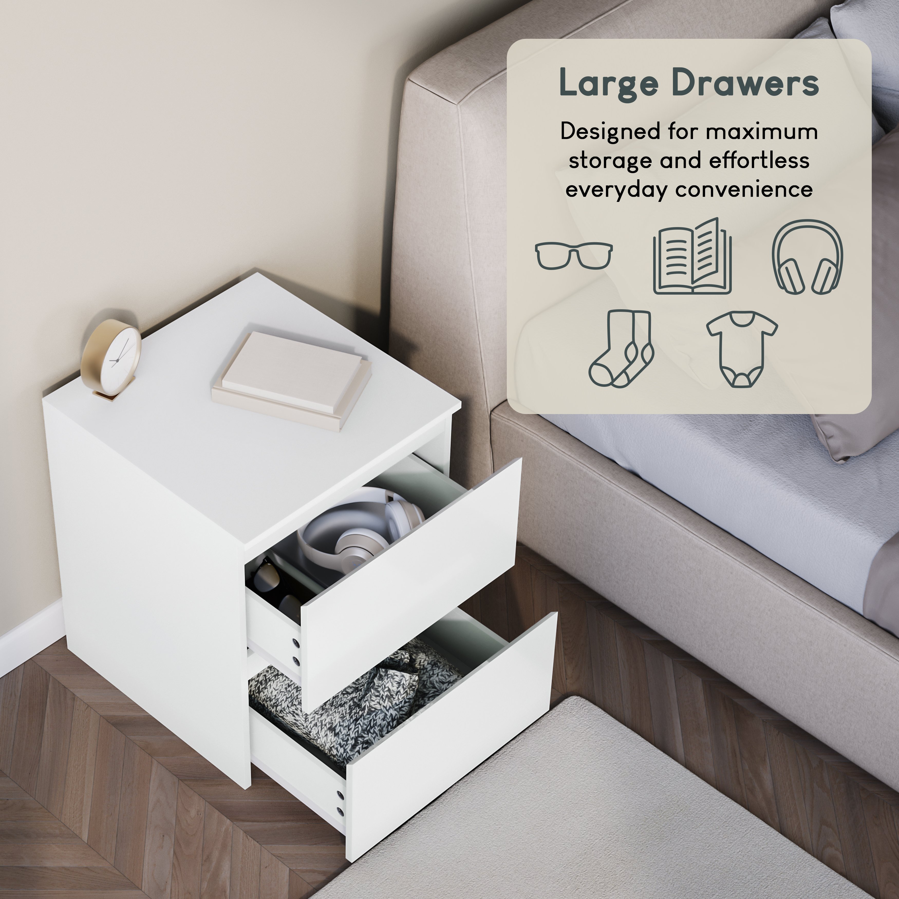 Vida Designs Glinton High Gloss 2 Drawer Bedside Chest - White - Image 4