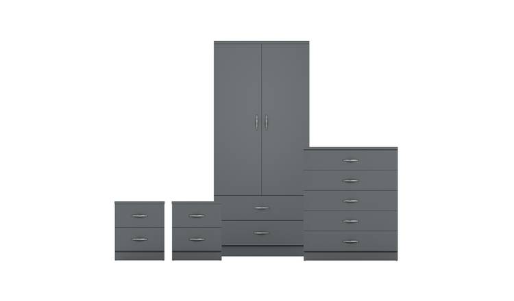 Vida Designs Riano Bedroom Set (Bedsides, 5 Drawer Chest, 2x2 Wardrobe) - Grey