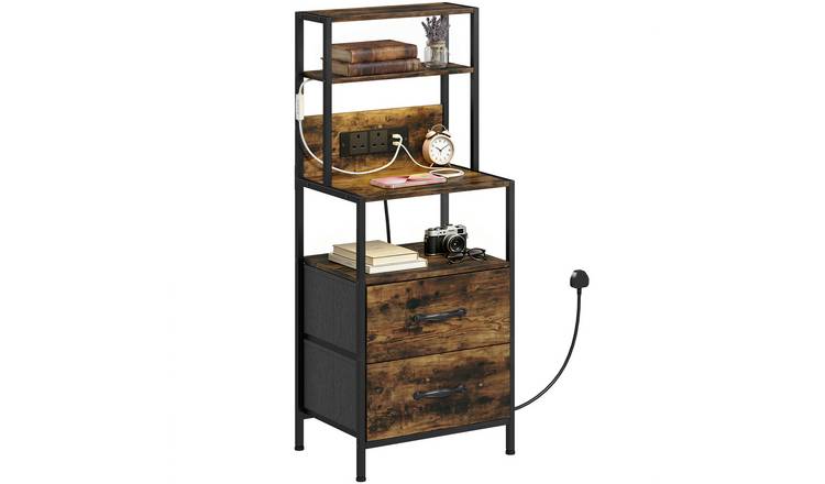 HOMCOM Bedside Table with Charging Station and LED Light Strips - Rustic Brown