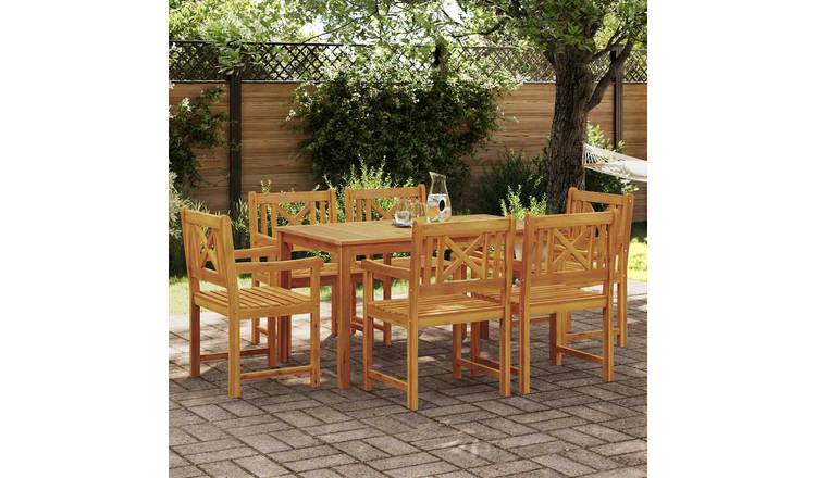 Walplus 7 Piece Solid Wood Garden Dining Set - Brown - 140 x 80 x 74 cm